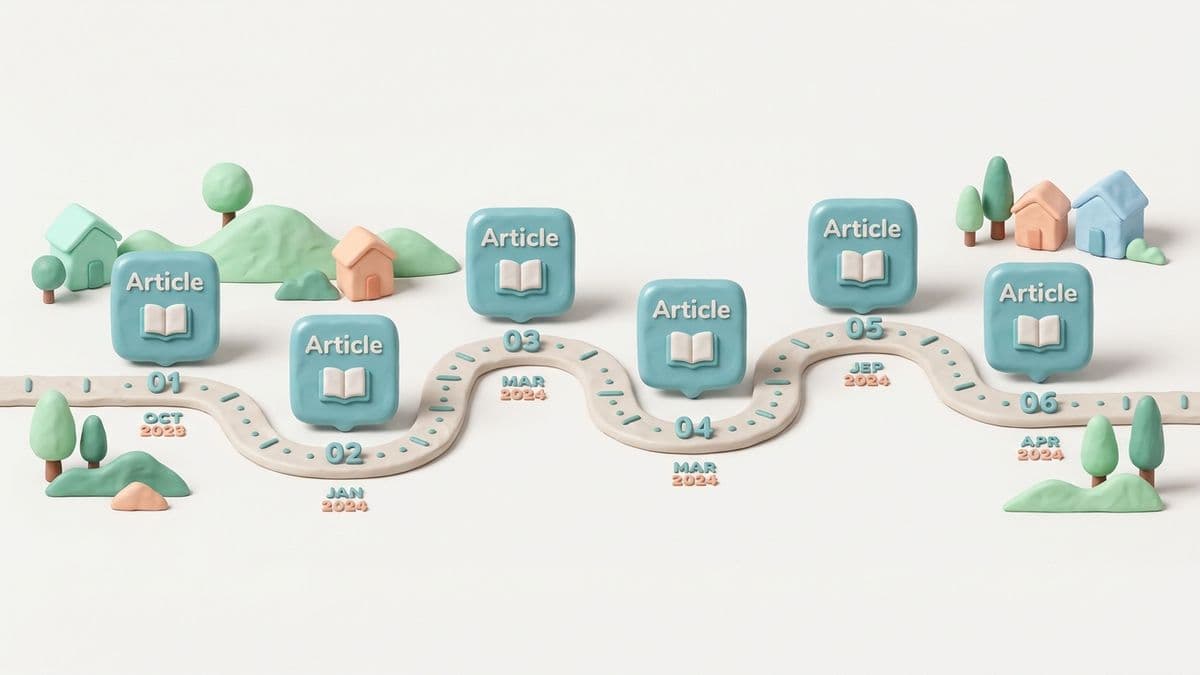 Clay timeline with multiple articles published over time, each with the same distinct brand style showing consistency