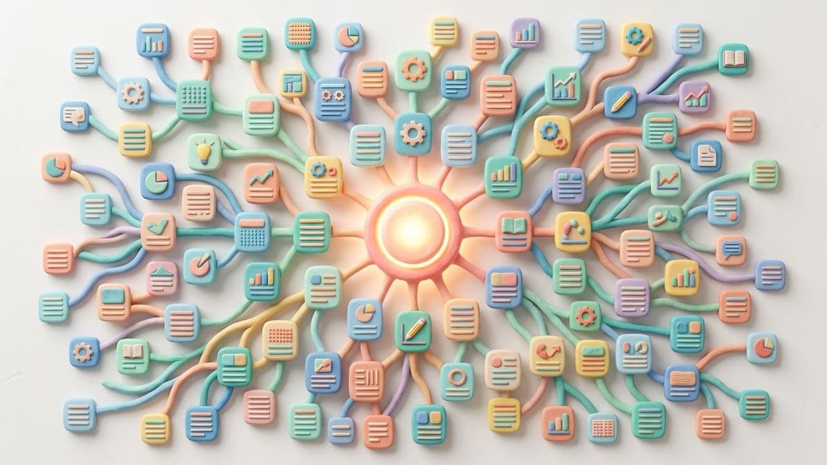 Clay web diagram with a central hub page connected to multiple spoke pages by clay links, growing denser as articles are added