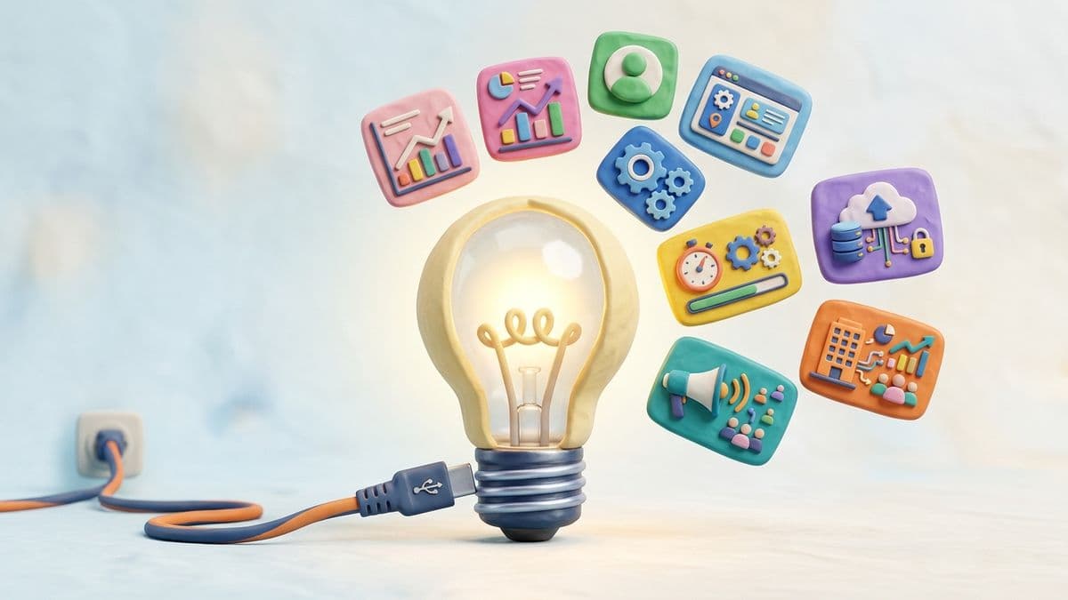 Clay lightbulb with specific topic cards floating out of it, a clay website URL plugged into the base powering it