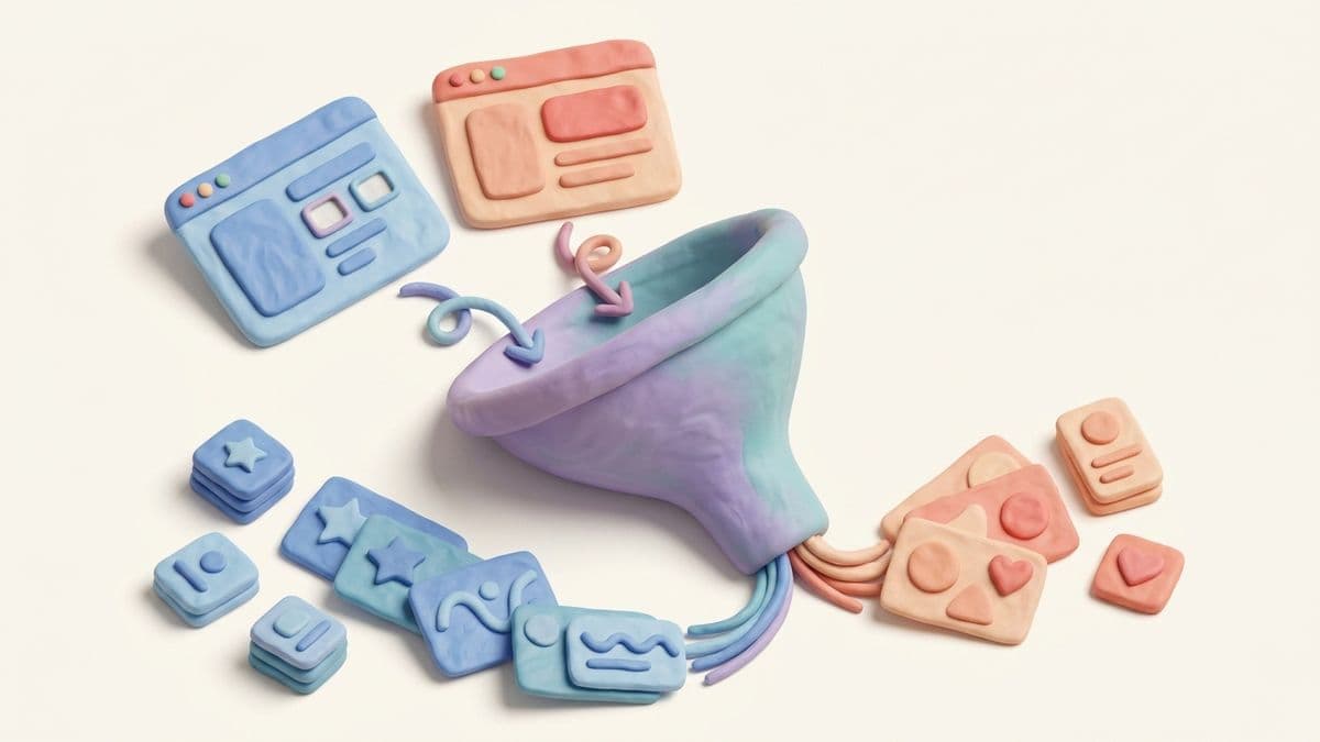 Two clay websites going into a clay funnel — coming out the other side are two completely different sets of clay topic cards, each matching its source website