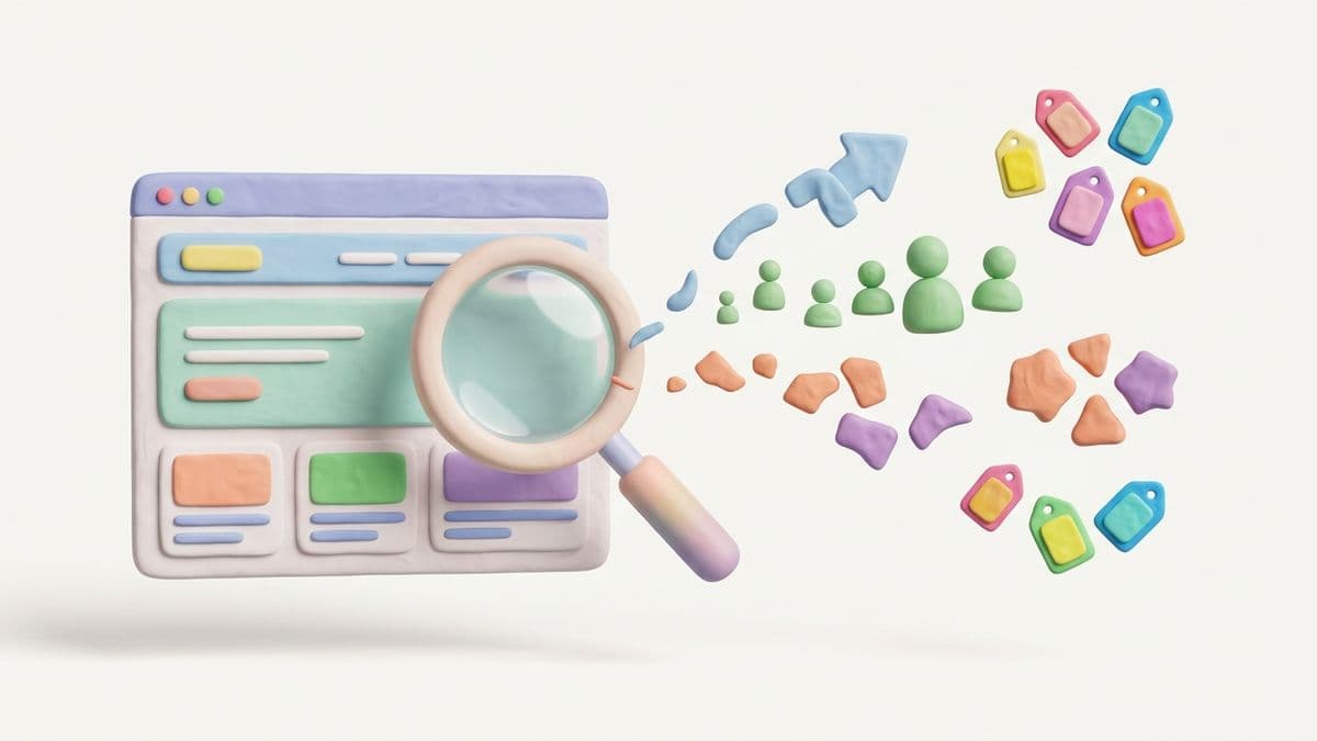 Clay website on the left with a clay magnifying glass scanning it, small extracted elements floating out to the right — positioning, audience, pain points, value props as distinct colored clay shapes