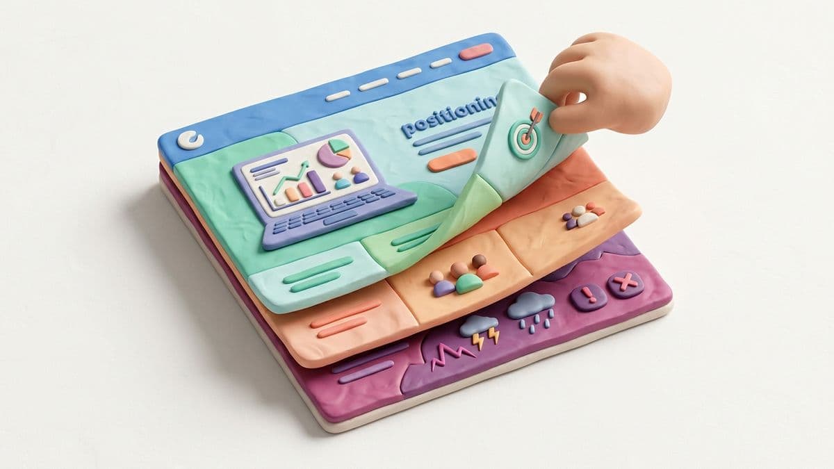 Clay cross-section of a website — like peeling back layers, each revealing a different element: positioning, audience, pain points in different colors