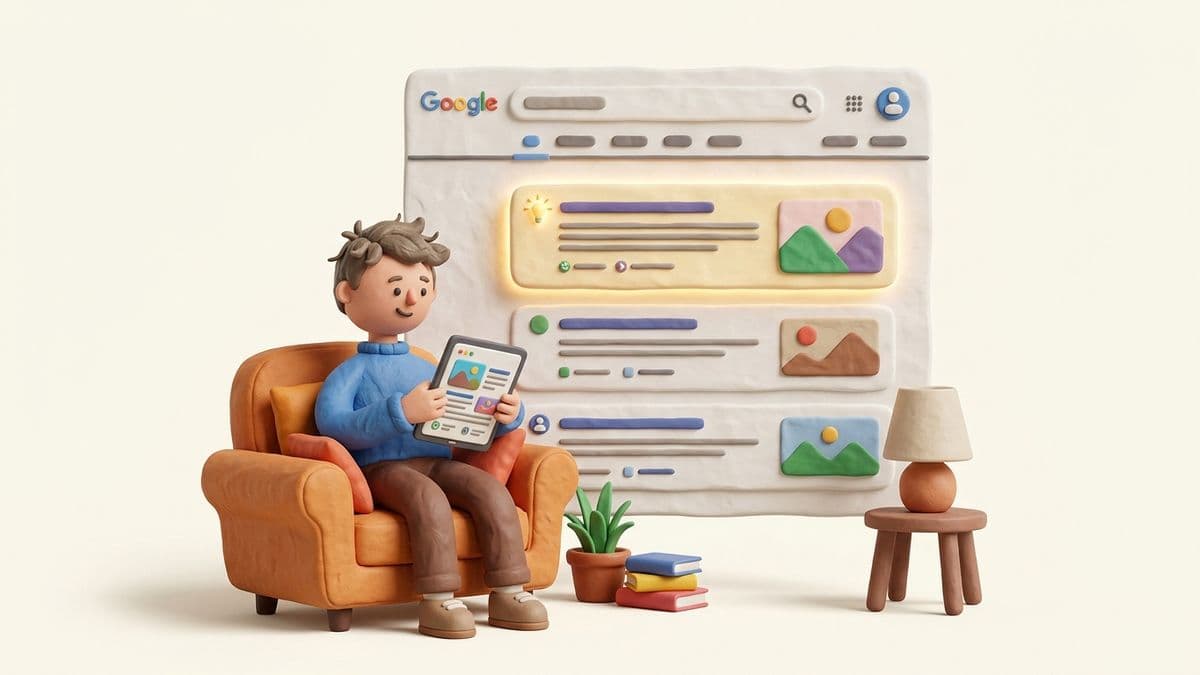 Clay character sitting in a cozy armchair reading a blog post on a tablet, with a large clay Google search results page behind them