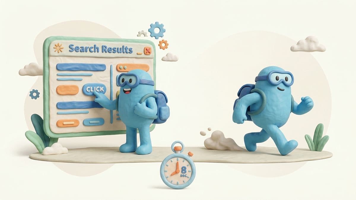 Clay character clicking a search result then immediately turning around and walking back to the search results page with a small clay stopwatch