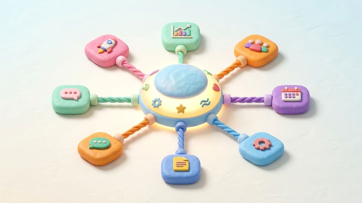 Clay web network diagram with one central hub page connected to smaller spoke pages by clay links