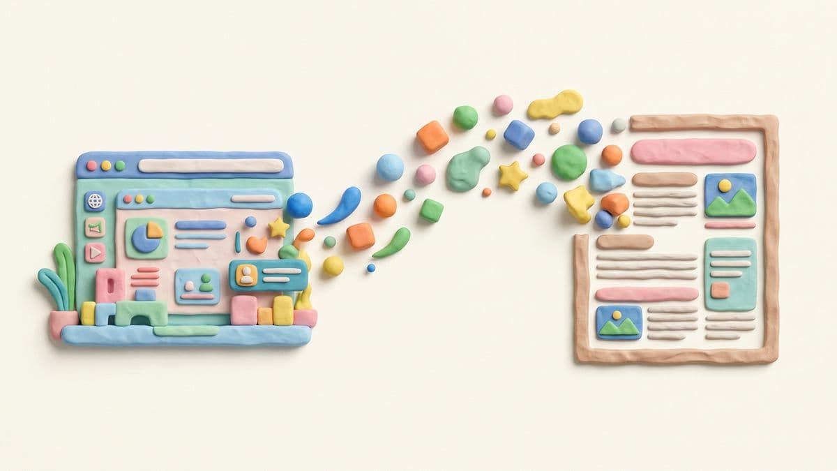 Clay website with small clay elements flowing from the website into a clay article being formed