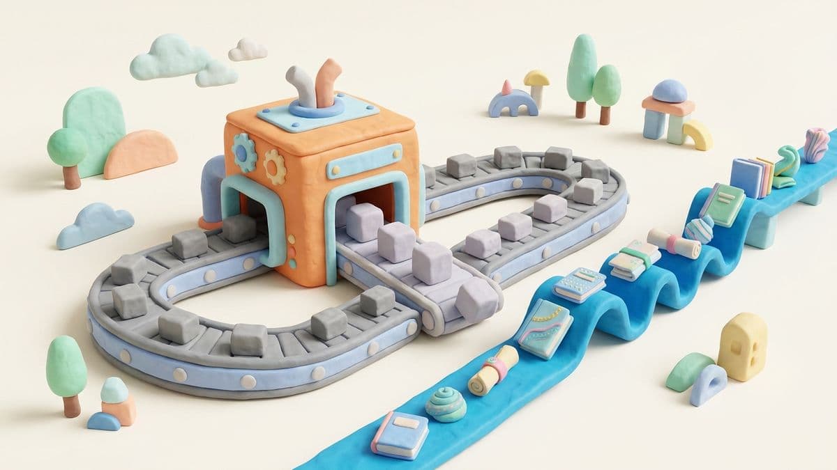 Clay conveyor belt with articles going through a humanizer box — they go in gray, come out slightly less gray but still generic. Next to it, a separate track where a Heywrite article comes out colorful and distinct from the start.