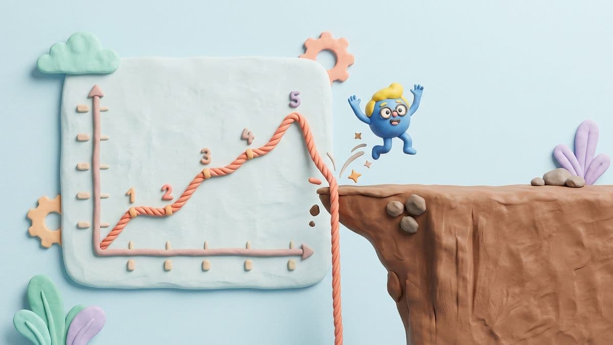 Clay line graph showing a ranking line that climbs then sharply drops off a cliff edge with a small clay reader character bouncing away