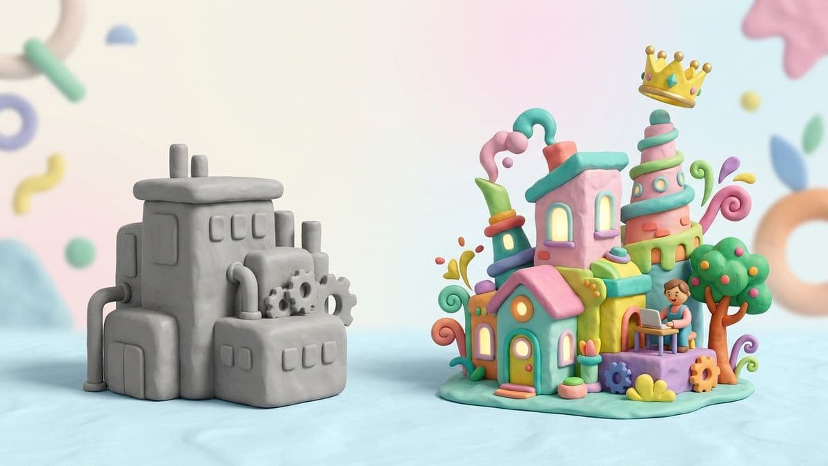 Two clay articles side by side — a plain gray generic one on the left and a colorful brand-specific one with a small clay crown on the right