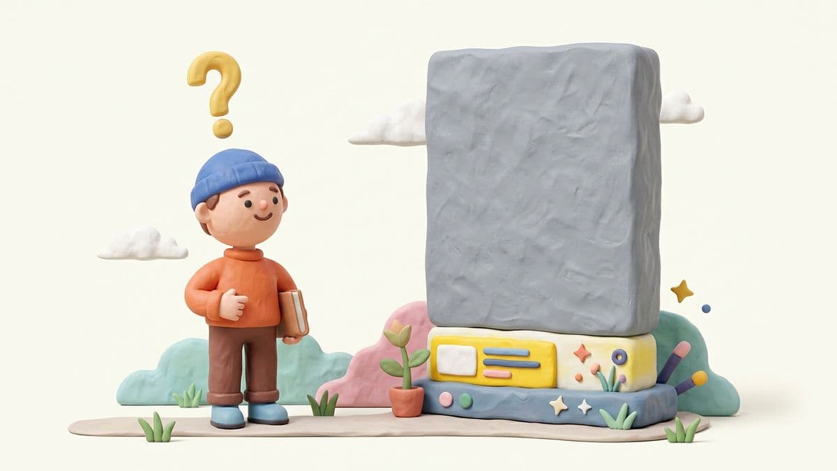Clay reader character with a question mark over their head standing in front of a clay article where the top section is a large gray block of filler and the actual answer is tiny at the bottom