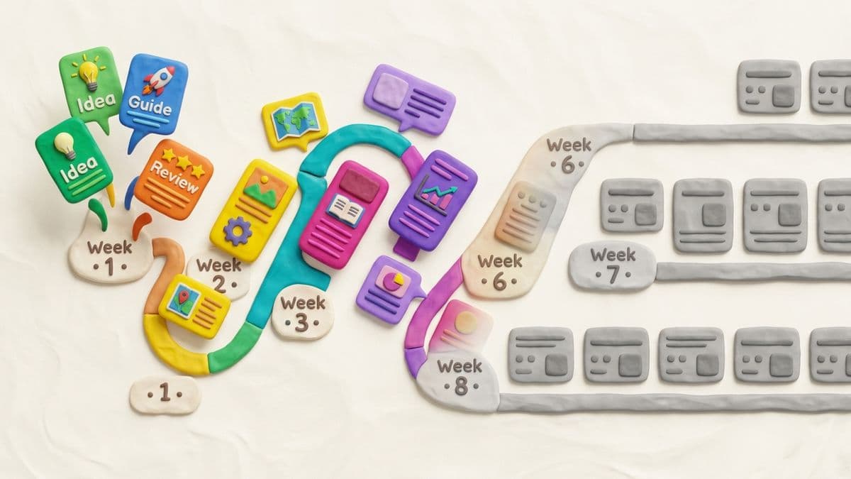 Clay calendar with articles published over weeks. Early articles are colorful and distinct. Later articles progressively lose color and become more gray and identical.