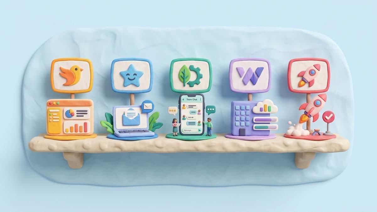 Clay shelf with distinct clay brand identities in different colors and shapes, each with its own unique article next to it