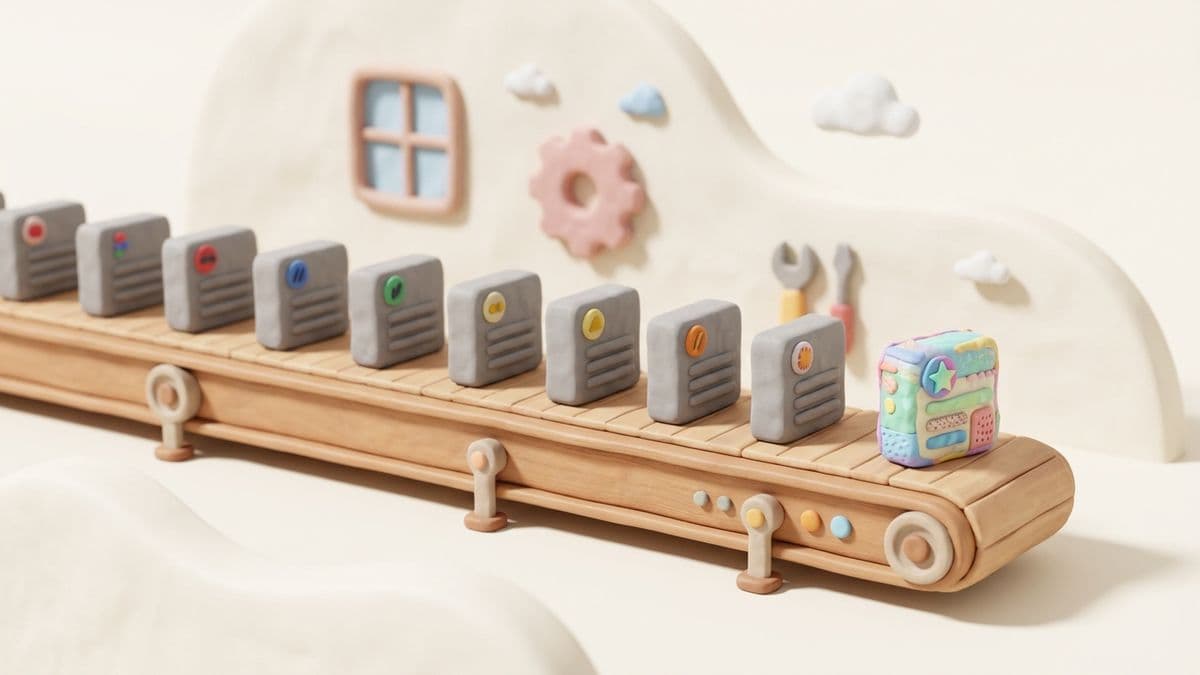 Clay conveyor belt producing identical blog posts with different colored logos but the same gray body, one post at the end is handcrafted and distinct