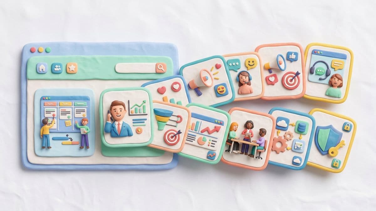 Clay topic cards fanning out from a clay website, each card different and specific with small icons representing different content angles