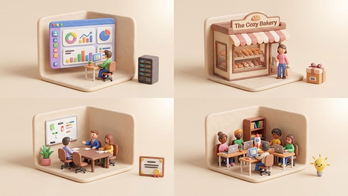 Four small clay vignettes in a 2x2 grid showing a SaaS dashboard, small storefront, consulting office, and startup workspace, each with a distinct clay article next to it