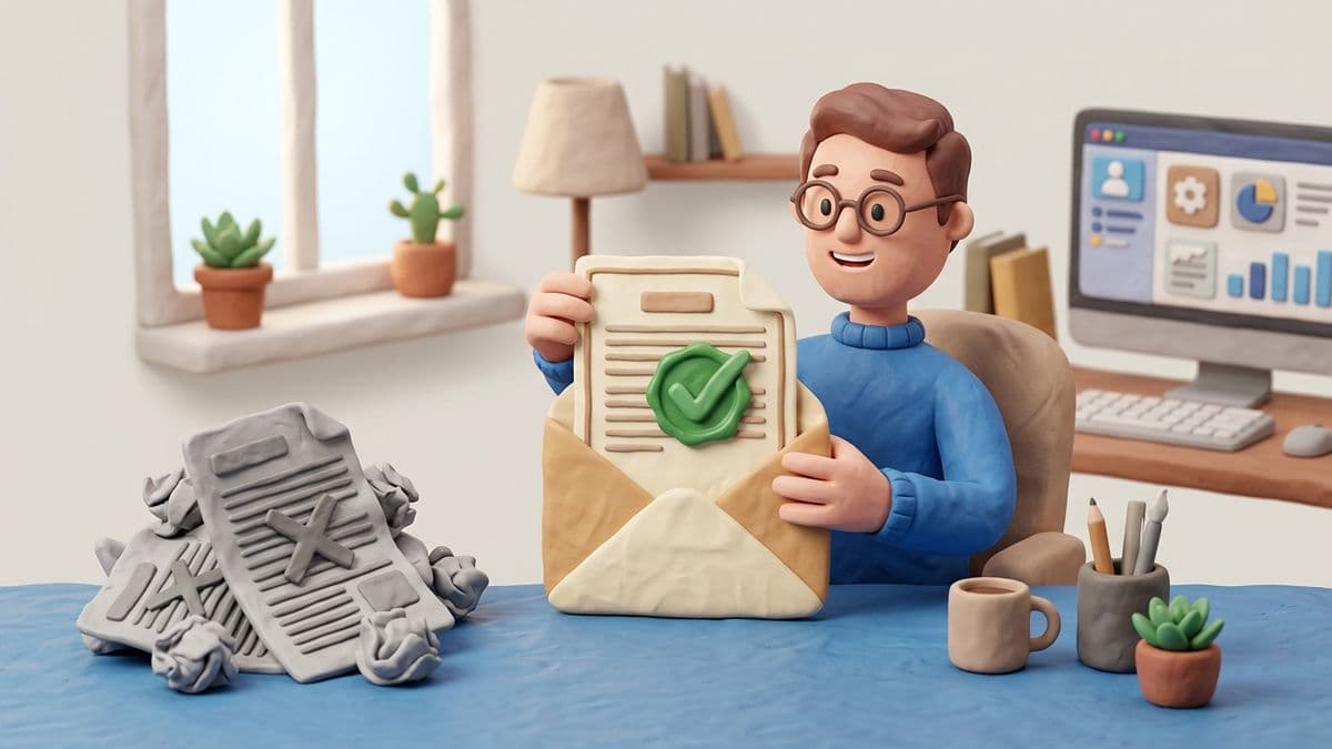 Clay envelope being opened by a clay editor character at a desk with a polished article and green checkmark stamp inside