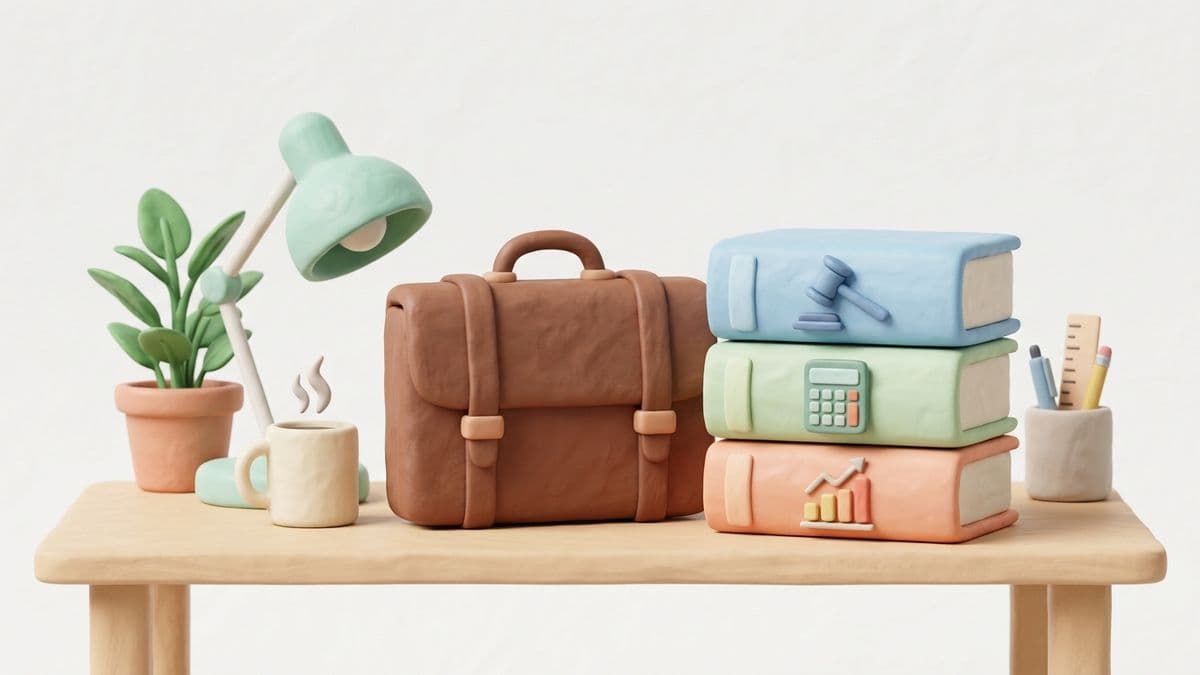 Clay professional office desk with a briefcase, a stack of neatly organized clay articles, each labeled with a small icon representing a different practice area