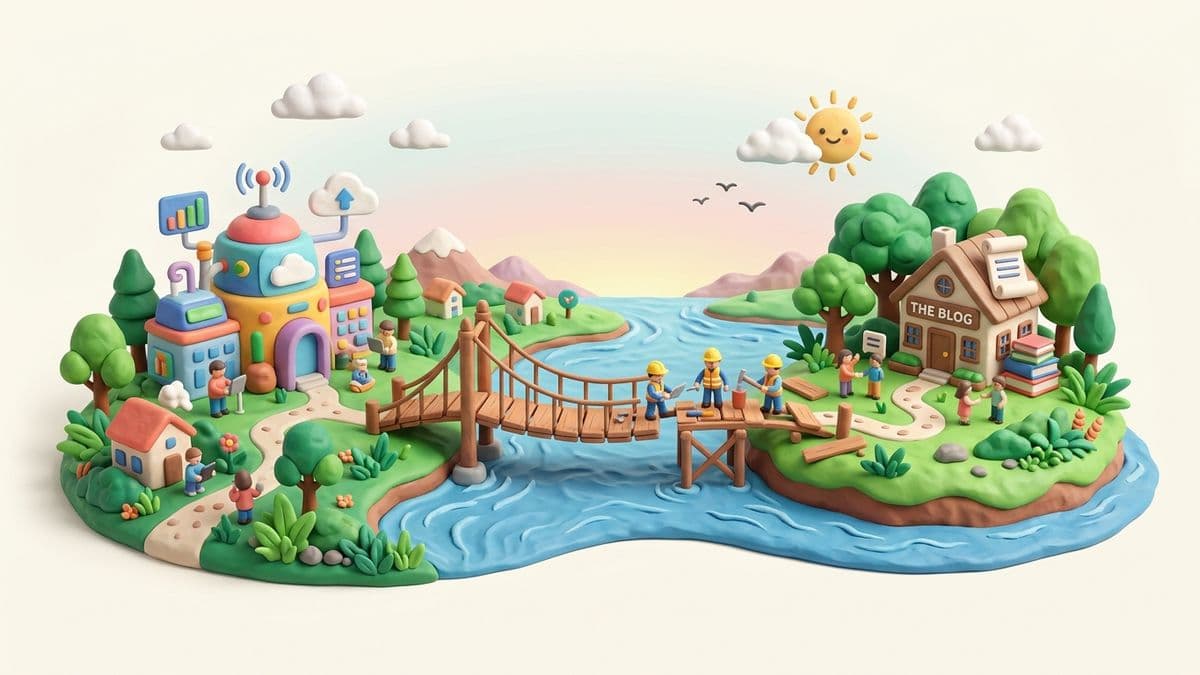 Clay island with a blog on it, separated by water from a mainland with the SaaS product, a clay bridge being built connecting them