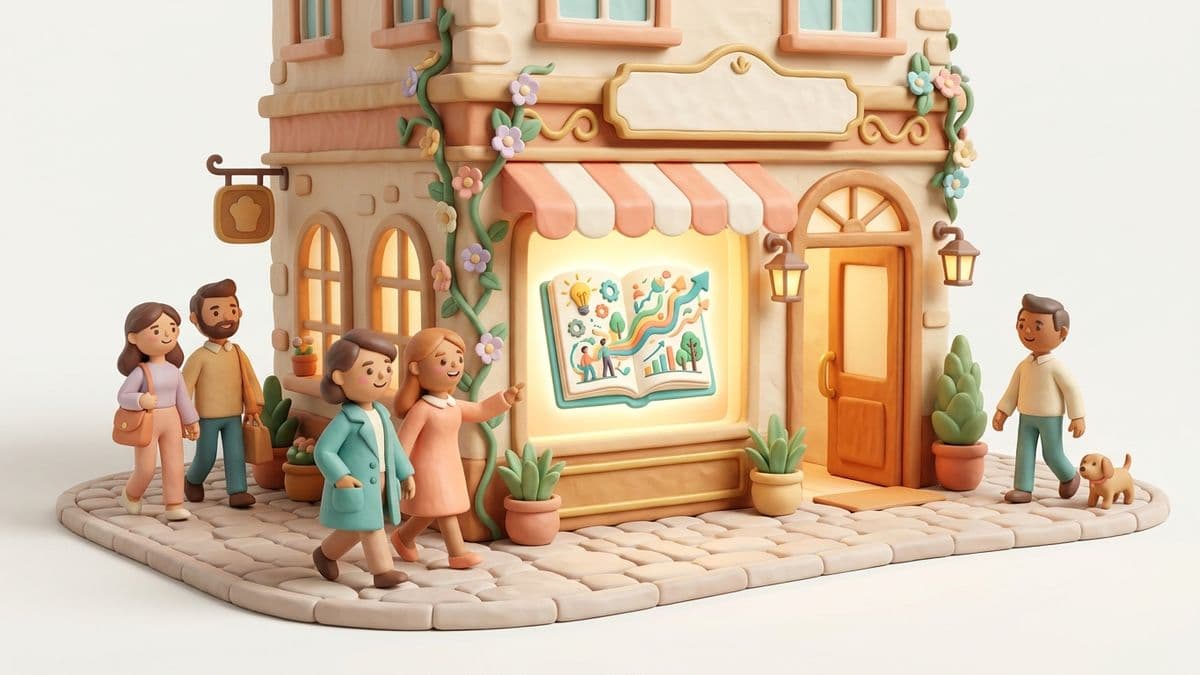 Clay small business storefront with a glowing clay blog post displayed in the shop window, attracting clay customer characters walking by