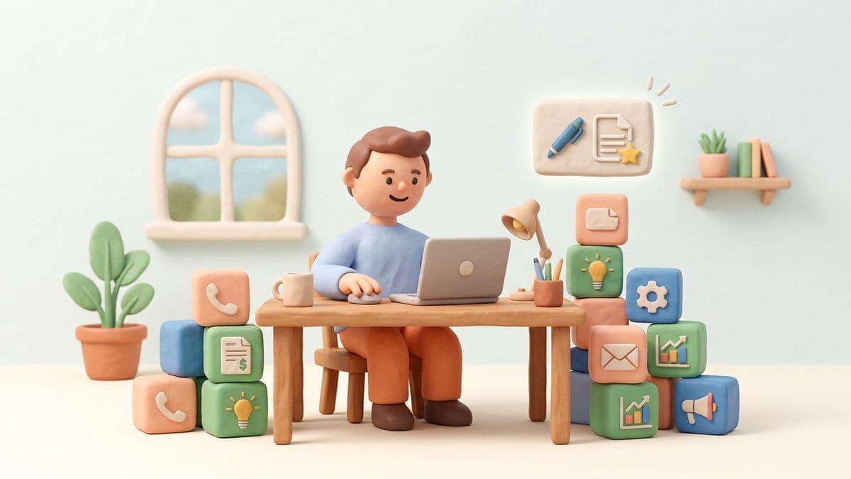 Clay character at a desk surrounded by stacks of tasks represented as small clay blocks, a clay blog post floats above as one more thing on the pile